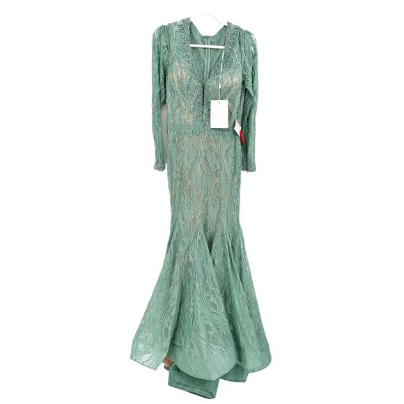 Mac Duggal 79291 Mermaid Plunge lIlusion Gown in Sage Green 6 NWT - Picture 2 of 8
